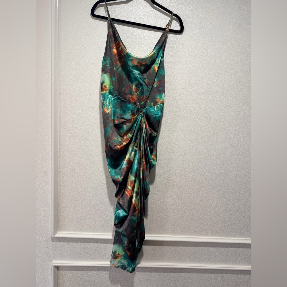 PrettyLittleThing Teal & Copper High-Low Satin Slip Dress